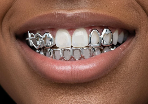 Silver Open Face Heart & Star Caps + Lower 6 Grillz 3pc Set
