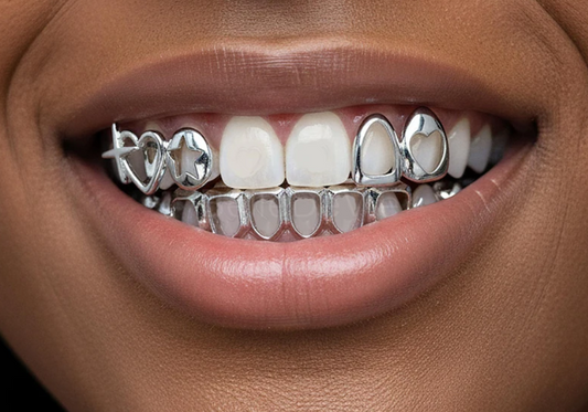 Silver Open Face Heart & Star Caps + Lower 6 Grillz 3pc Set