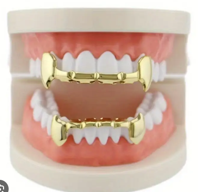 14K Gold Plated Vampire Fangs Bridge Grillz Set