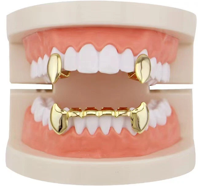14K Gold Plated Vampire Fangs 3pc Grillz Set