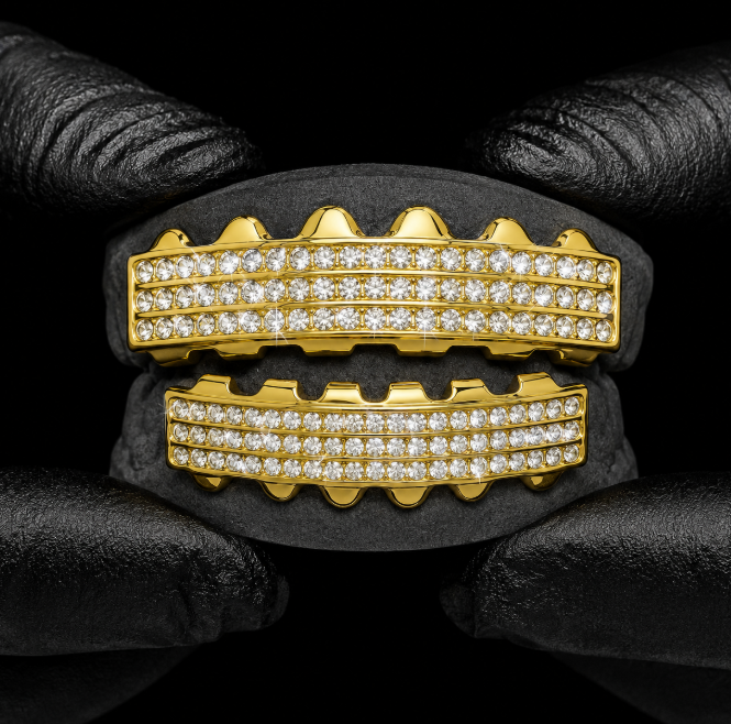 Custom Fit 14K Gold Plated Iced Bling 6 Row Grillz Set