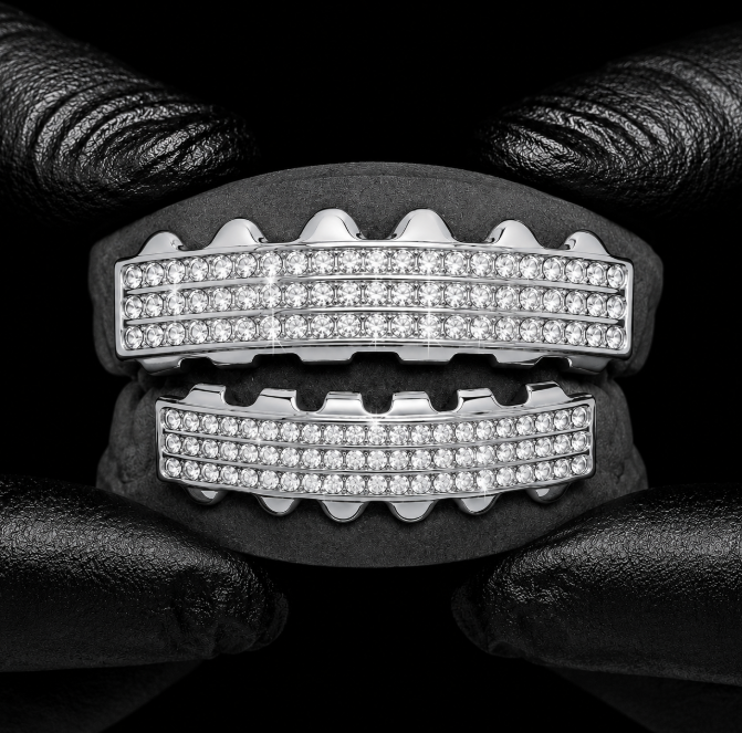 Hip Hop Silver Iced Bling 6 Row Grillz Set