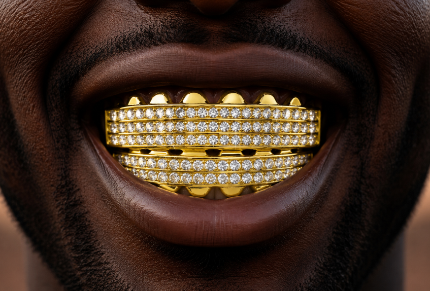 Custom Fit 14K Gold Plated Iced Bling 6 Row Grillz Set