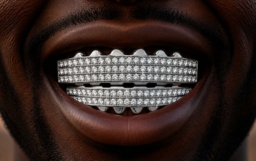 Hip Hop Silver Iced Bling 6 Row Grillz Set