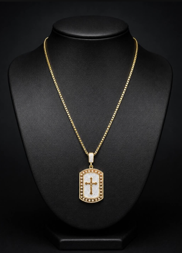 Iced 14K Gold Plated Cross Dog Tag Pendant with 30" Box Chain Necklace