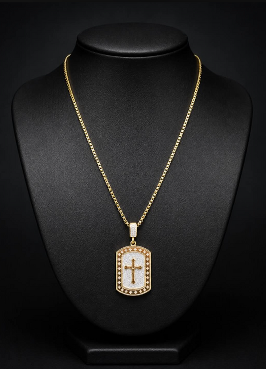 Iced 14K Gold Plated Cross Dog Tag Pendant with 30" Box Chain Necklace