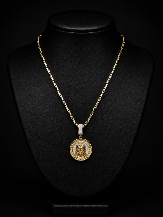 Iced 14K Gold Plated Jesus Pendant with 30" Box Chain Necklace