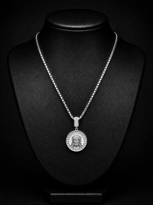 Iced Silver Jesus Pendant with 30" Box Chain Necklace