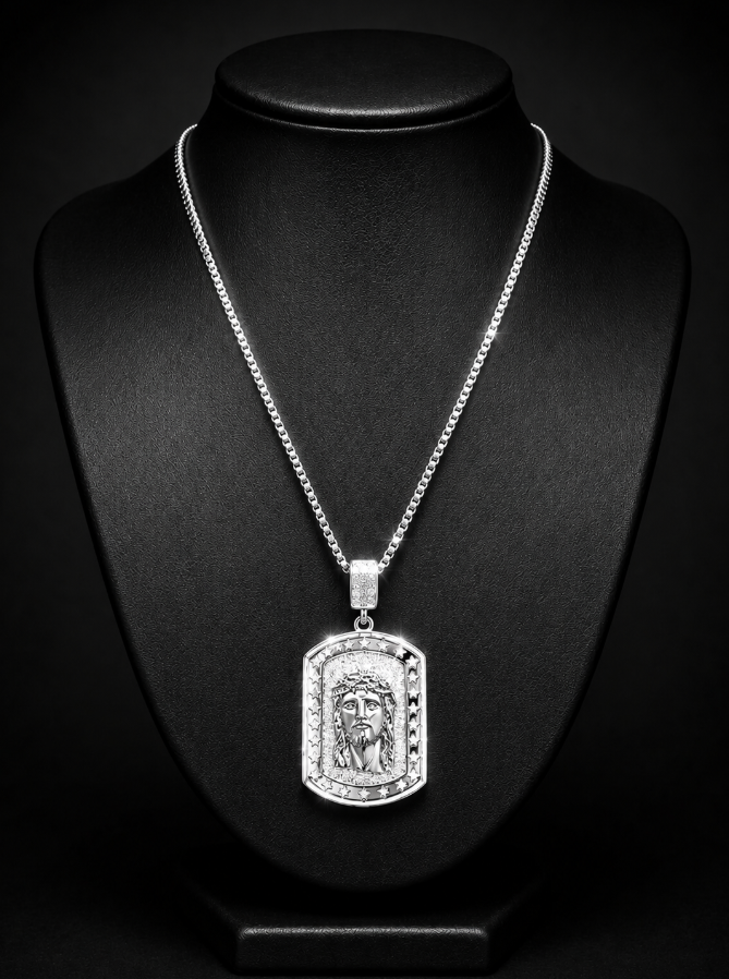 Iced Silver Jesus Head Dog Tag Pendant with 30" Box Chain Necklace
