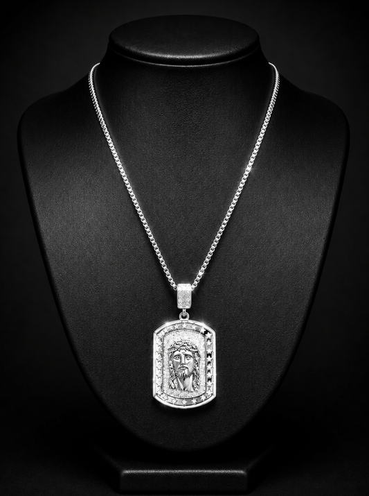 Iced Silver Jesus Head Dog Tag Pendant with 30" Box Chain Necklace