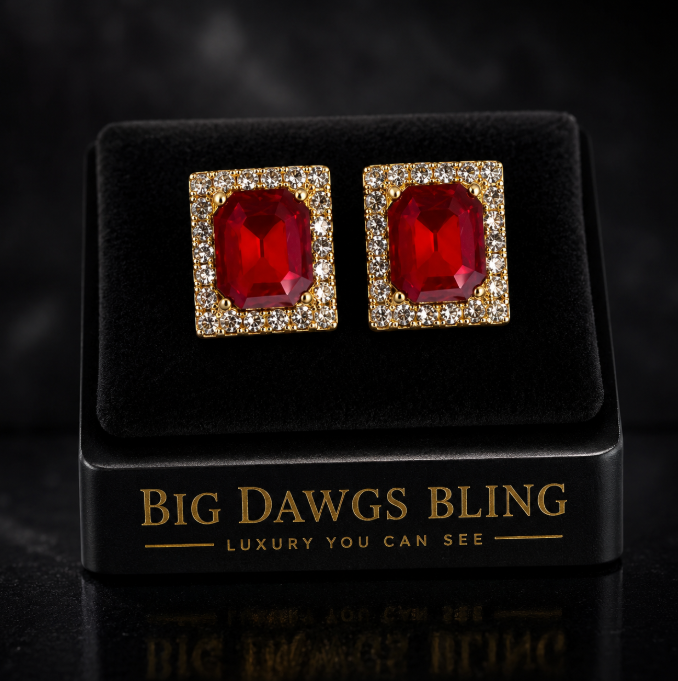 Large Iced CZ 14K Gold Plated Lab-created Red Ruby Stone Earrings Set