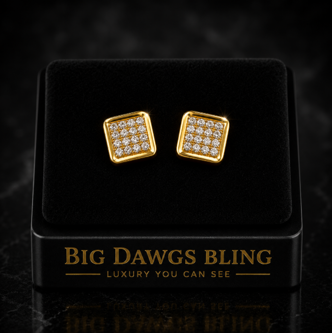 Iced CZ Micro Pave 14K Gold Plated Earrings Screw Back 10mm Square