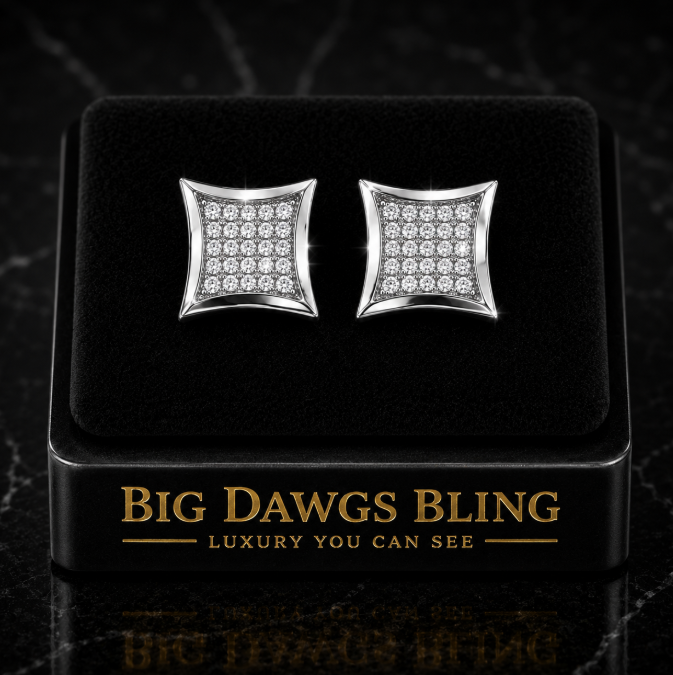 Iced CZ Micro Pave Silver 5x5 Kite Earrings Screw Back 15mm