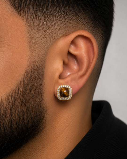 Large Iced CZ 14K Gold Plated Tiger Eye Stone Earrings Set