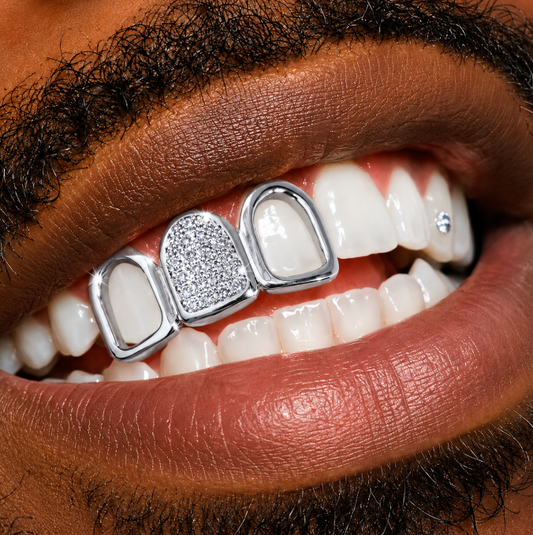 Hip Hop Silver Iced 3 Tooth Open Face Iced CZ Grillz Set