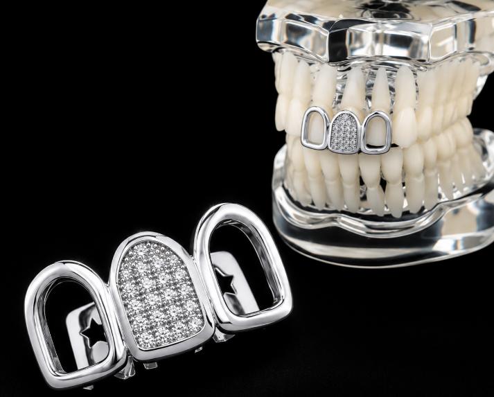 Hip Hop Silver Iced 3 Tooth Open Face Iced CZ Grillz Set