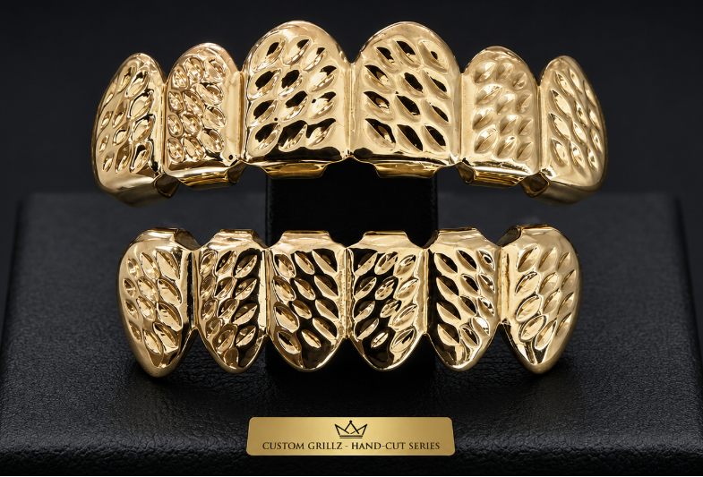 14K Gold Plated Upper & Lower Grillz Set Diamond Cut Series 10