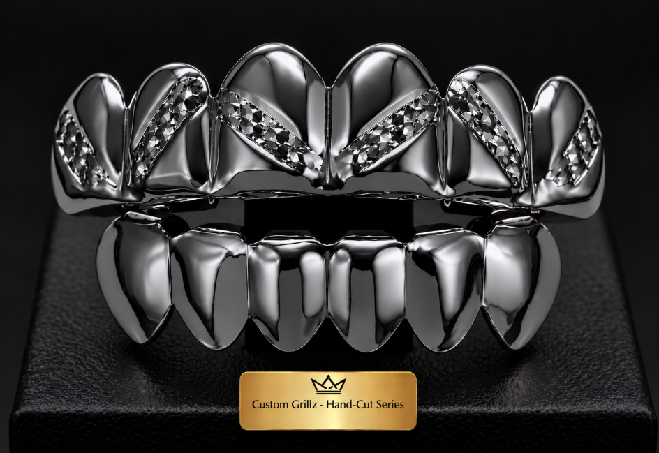 Black Hematite Upper & Lower Grillz Set Diamond Cut Series 01