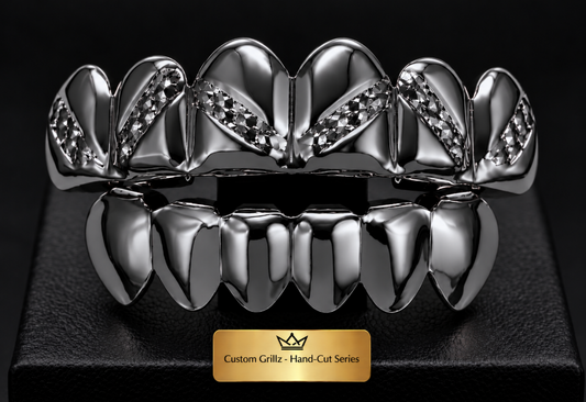 Black Hematite Upper & Lower Grillz Set Diamond Cut Series 01