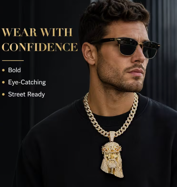 Iced 14K Gold Plated Large Jumbo Jesus Head Pendant with Hip Hop Cuban Link Chain Necklace