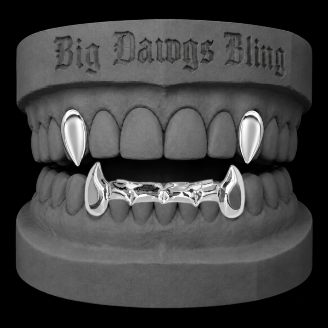 14K White Gold Plated Vampire Fangs 3pc Grillz Set