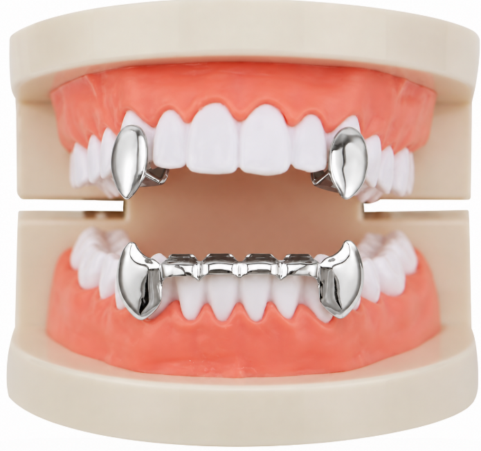 14K White Gold Plated Vampire Fangs 3pc Grillz Set