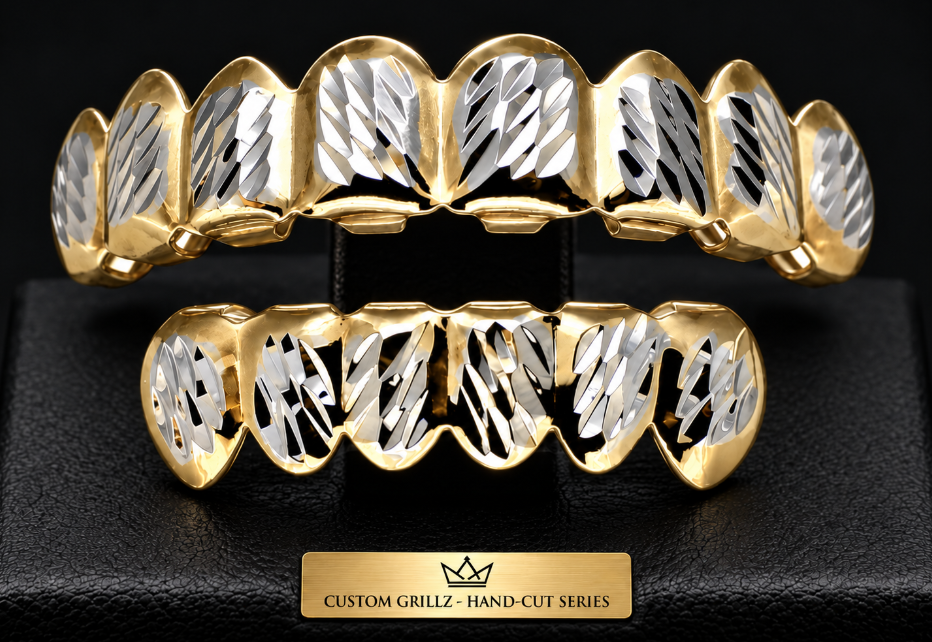 Two-tone 14K Gold & Silver Plated Upper & Lower Grillz Set Diamond Cut Series 11