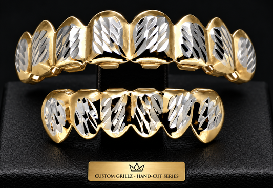 Two-tone 14K Gold & Silver Plated Upper & Lower Grillz Set Diamond Cut Series 11