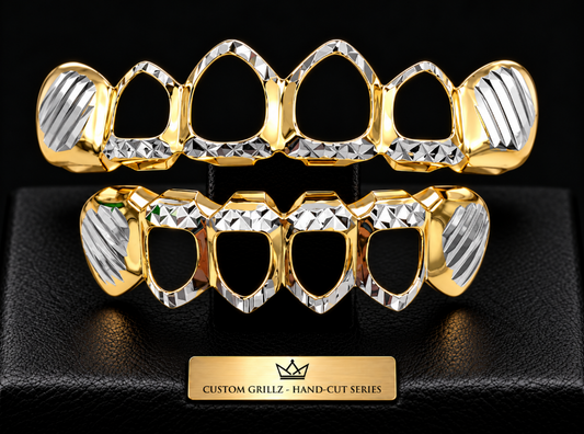 Two-tone 14K Gold & Silver Plated Open Face Grillz Set Diamond Cut Series 12
