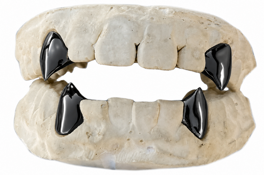 Black Gun-Metal 4pc Top & Bottom Teeth Single Fangs Grillz Set