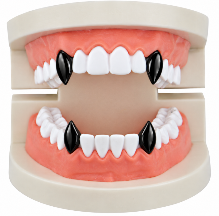 Black Gun-Metal 4pc Top & Bottom Teeth Single Fangs Grillz Set