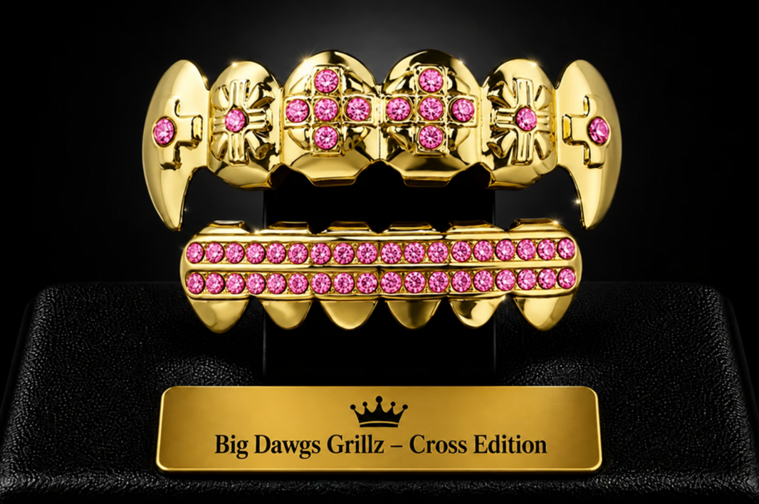 14K Gold Plated Upper & Lower Grillz Set Iced Pink CZ Cross Fangs