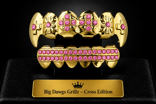 14K Gold Plated Upper & Lower Grillz Set Iced Pink CZ Cross Fangs
