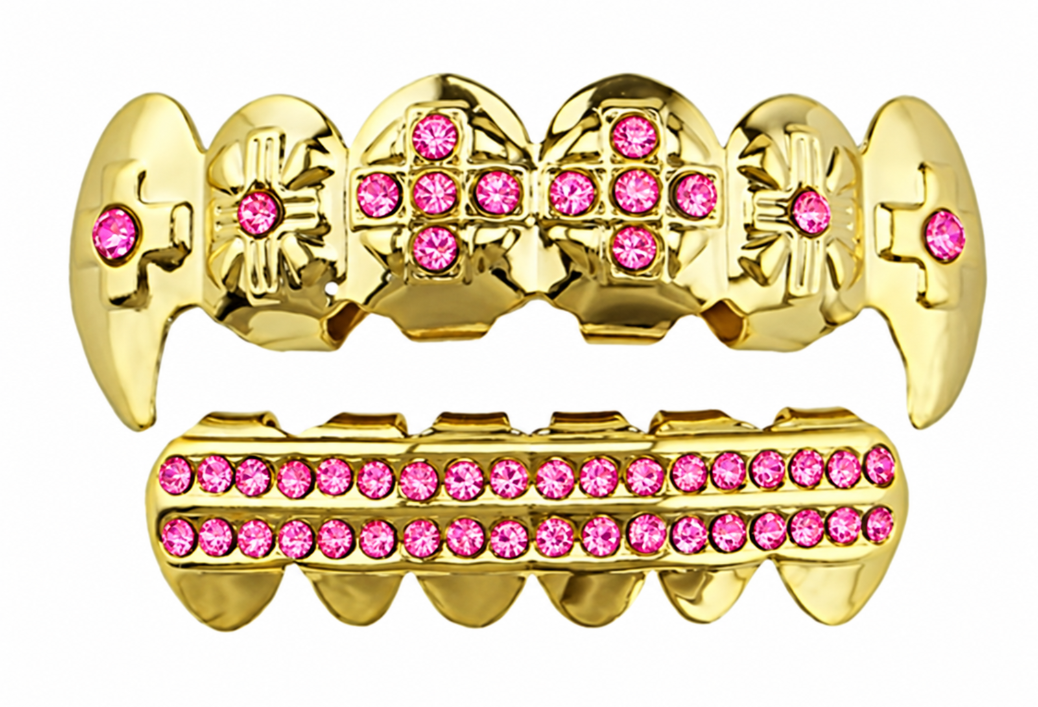 14K Gold Plated Upper & Lower Grillz Set Iced Pink CZ Cross Fangs