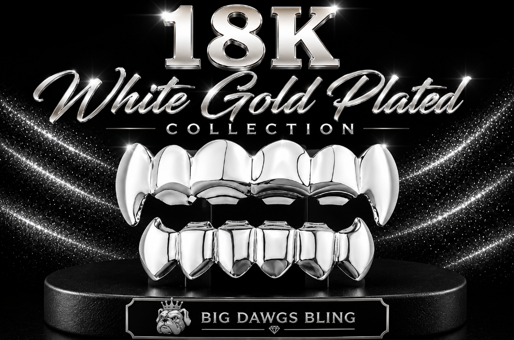 18K White Gold Plated Upper & Lower Teeth Grillz Set Vampire Fangs