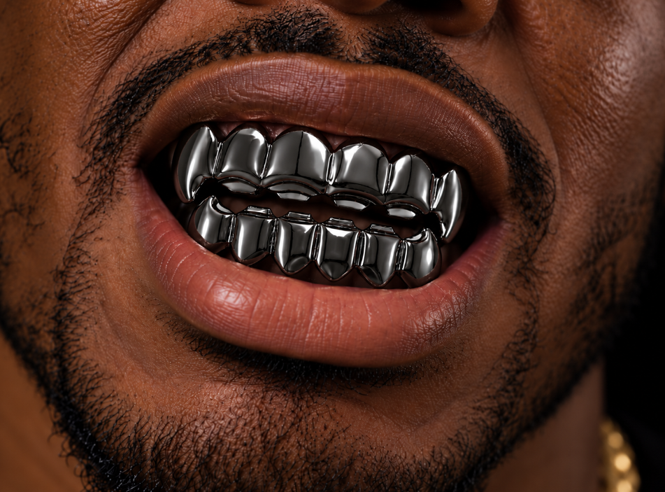 Black Tungsten Plated Upper & Lower Teeth Grillz Set Vampire Fangs