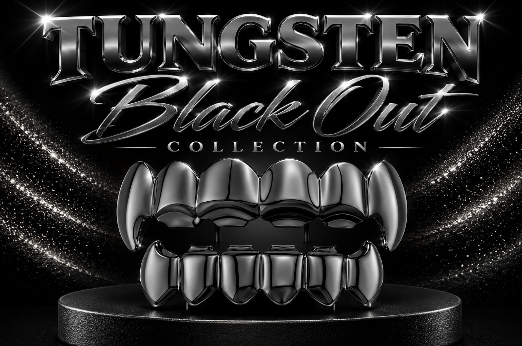 Black Tungsten Plated Upper & Lower Teeth Grillz Set Vampire Fangs