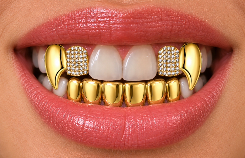 14K Gold Plated Double Cap Iced Vampire Fangs & Lower Grillz Set