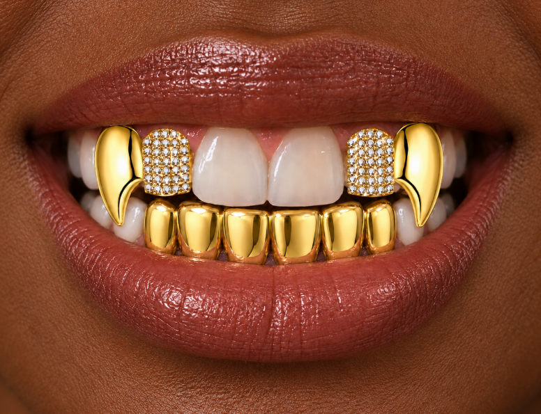 14K Gold Plated Double Cap Iced Vampire Fangs & Lower Grillz Set