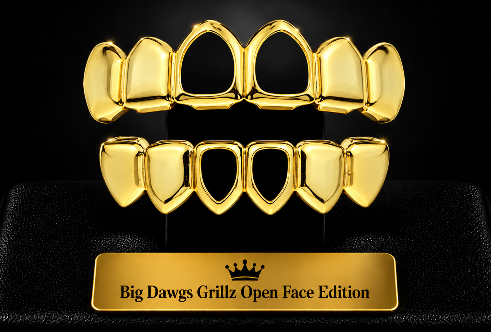 14K Gold Plated Center Open Face Upper & Lower Teeth Grillz Set