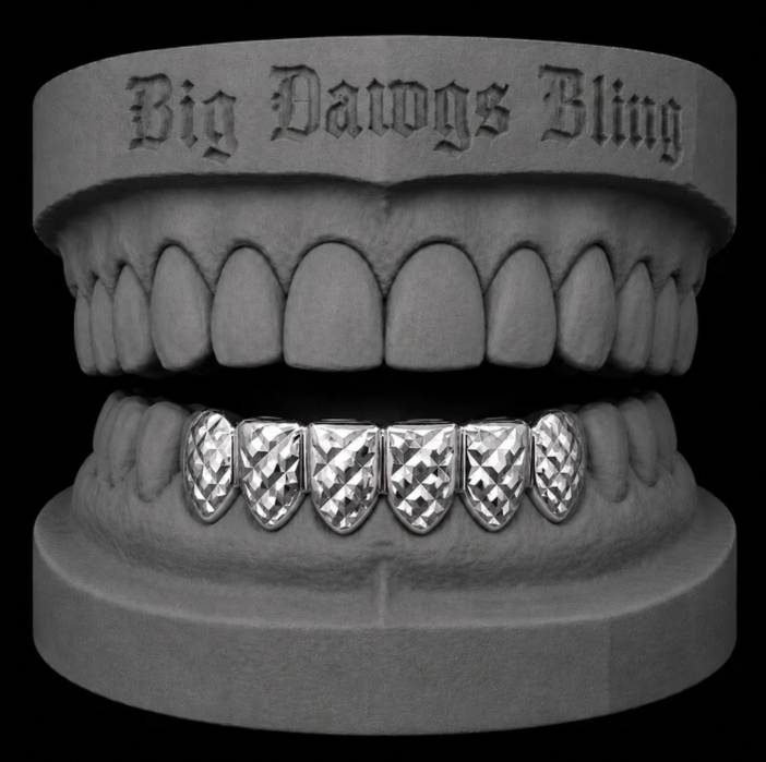 14K White Gold Plated Lower Bottom Teeth Diamond Cut Grillz