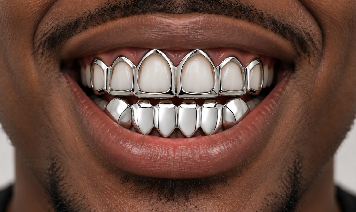 925 Silver Electroplated Open Face Joker Upper & Lower Teeth Grillz Set