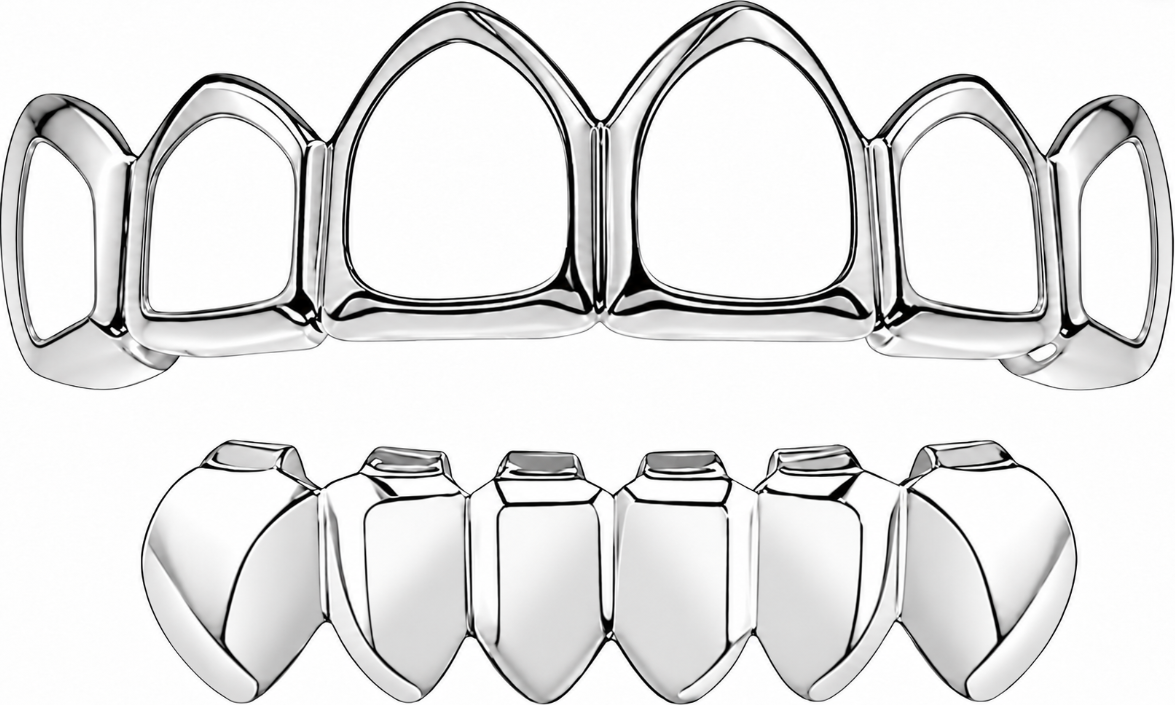 925 Silver Electroplated Open Face Joker Upper & Lower Teeth Grillz Set