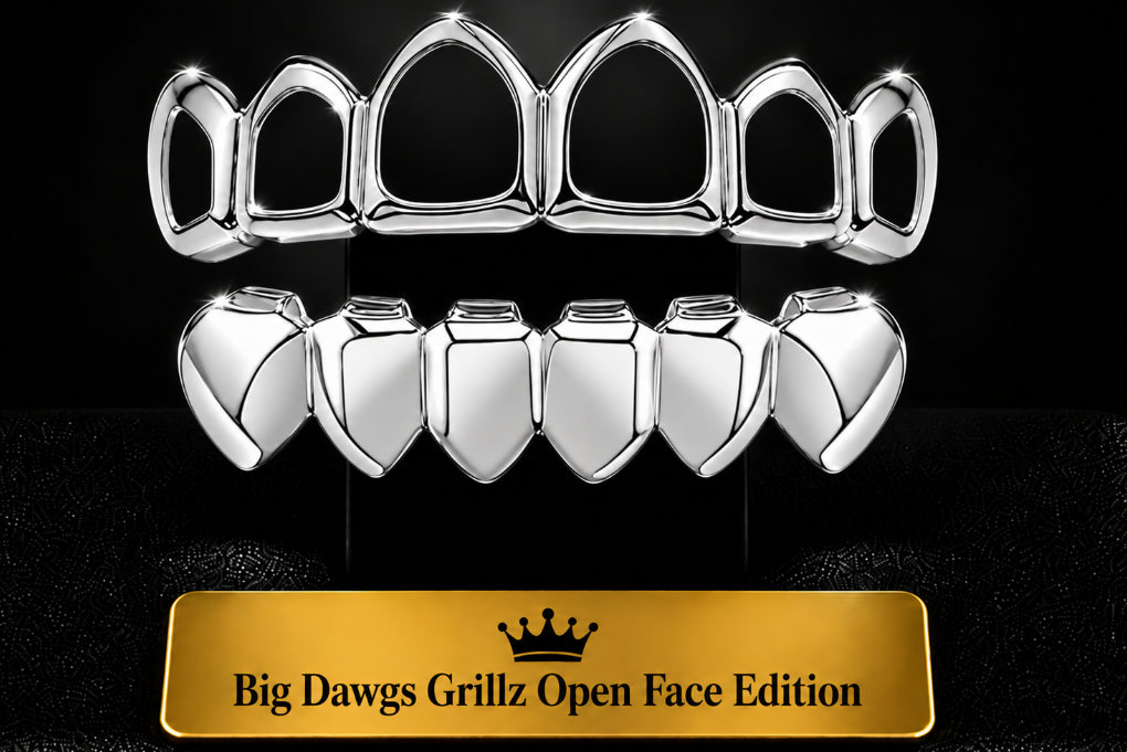 925 Silver Electroplated Open Face Joker Upper & Lower Teeth Grillz Set