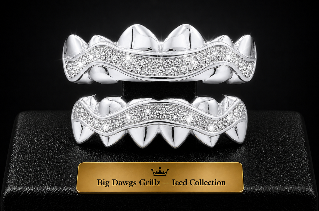 14K White Gold Plated Iced CZ Upper & Lower Grillz Deluxe Set