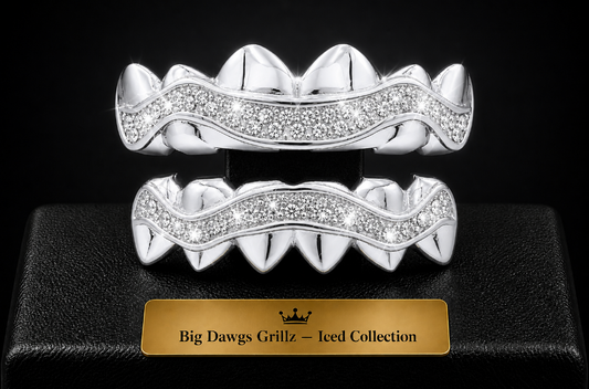 14K White Gold Plated Iced CZ Upper & Lower Grillz Deluxe Set