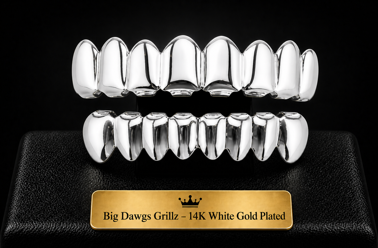 14K White Gold Plated 8 Upper & 8 Lower Grillz Set Player