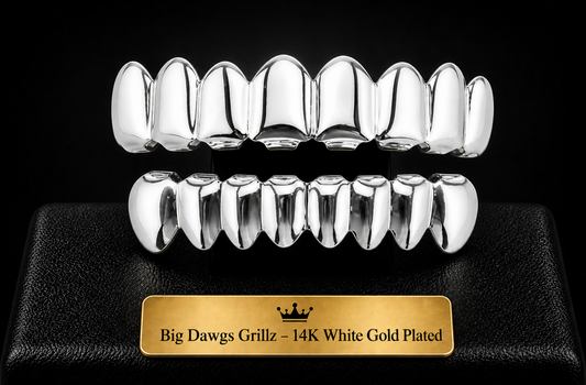 14K White Gold Plated 8 Upper & 8 Lower Grillz Set Player
