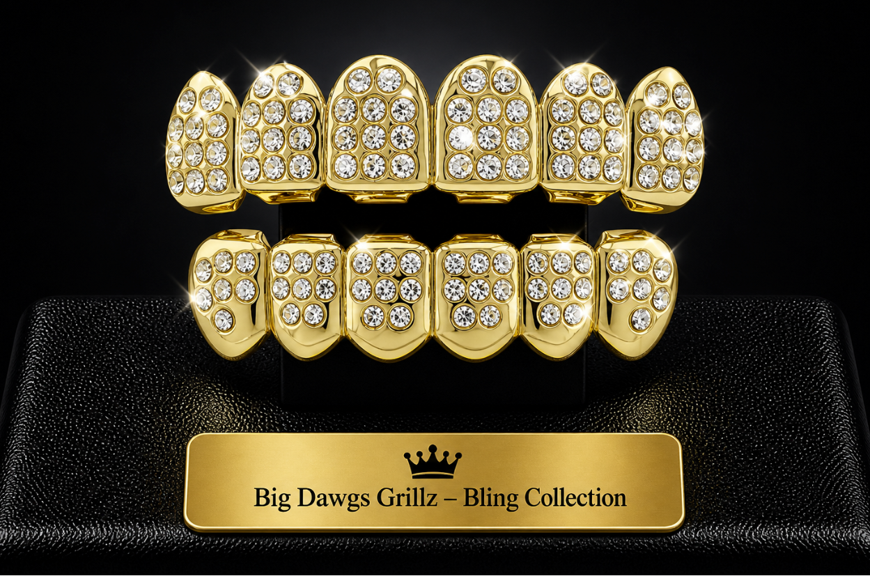 14K Gold Plated Upper & Lower Grillz Set Iced Pimp