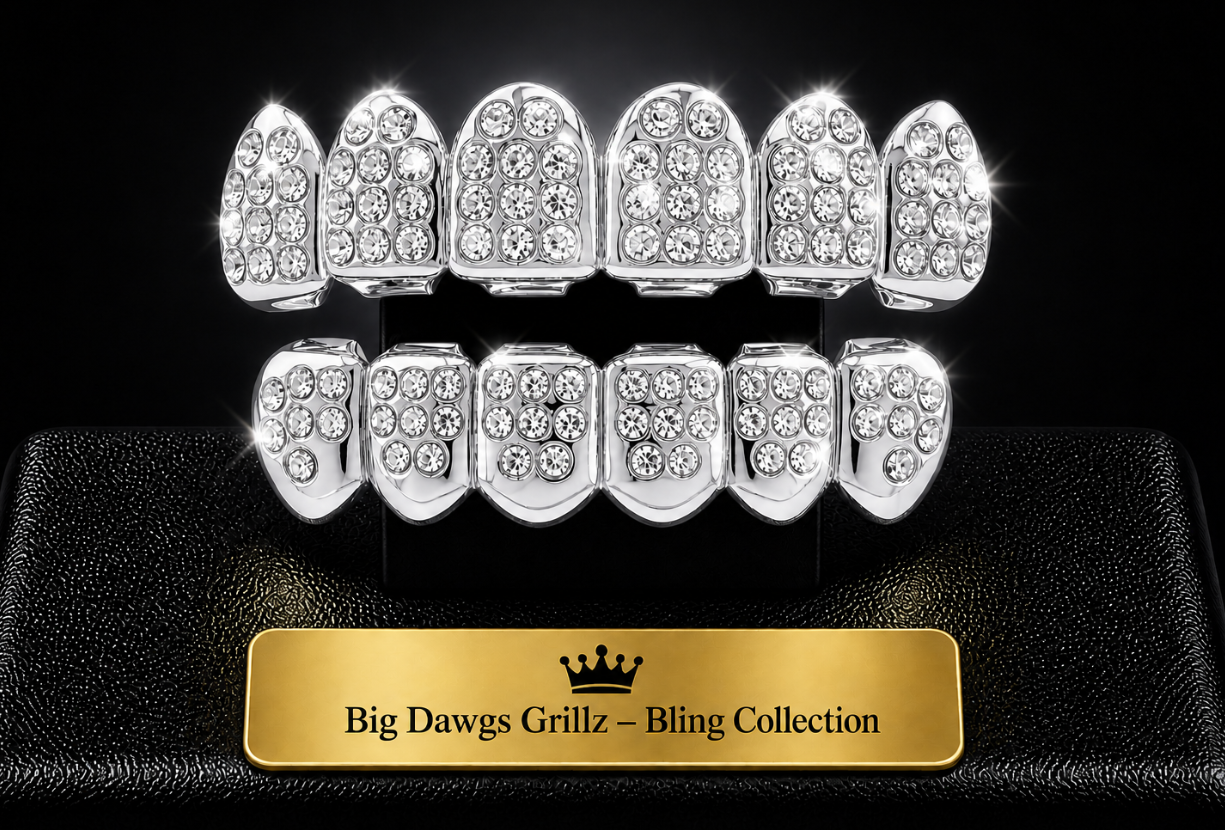 Silver Plated Upper & Lower Grillz Set Iced Pimp